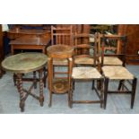 A MIDDLE EASTERN BRASS TOPPED OCCASIONAL TABLE, 60CM D, A MAHOGANY TORCHERE, MISCELLANEOUS DINING