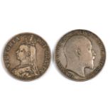 UNITED KINGDOM SILVER COINS. EDWARD VII CROWN 1902 AND VICTORIA, DOUBLE FLORIN 1890