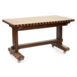 A VICTORIAN ELIZABETHAN REVIVAL OAK WRITING TABLE ON STRETCHER BASE, FITTED WITH TWO DRAWERS, 79CM