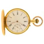 A GOLD HUNTING CASED KEYLESS LEVER WATCH, MARKED 18K, NUMBERED 129376, SWISS MOVEMENT, 4.8 CM, 84.5G