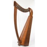 AN IRISH HARP, CARVED AND LINE INLAID, 91CM H