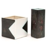 A TROIKA SMALL SMOOTH CUBE AND SMOOTH SQUARE VASE, 6.5 AND 12CM H, PRINTED TROIKA ST IVES