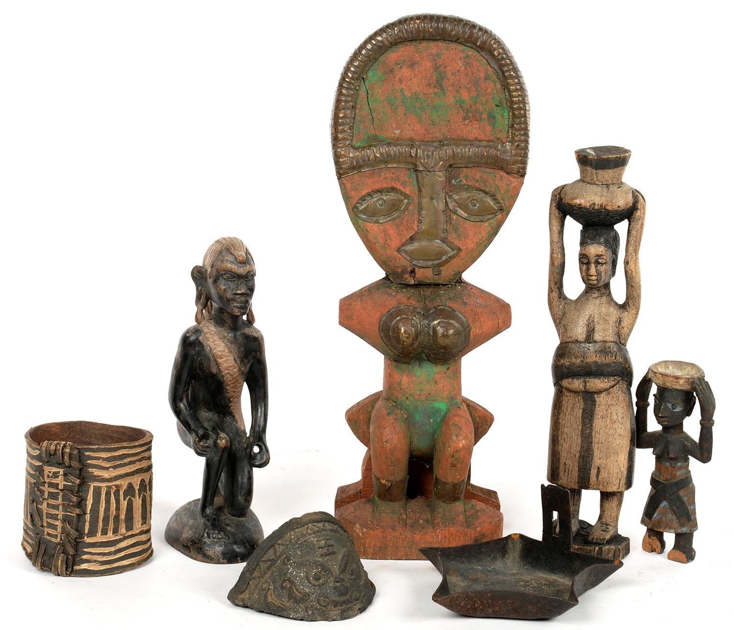 TRIBAL ART. A QUANTITY OF AFRICAN CARVED AND PAINTED WOOD CARVINGS, ONE WITH EMBOSSED BRASS