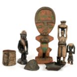 TRIBAL ART. A QUANTITY OF AFRICAN CARVED AND PAINTED WOOD CARVINGS, ONE WITH EMBOSSED BRASS