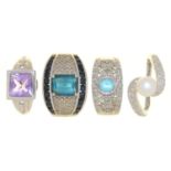 FOUR GEM SET 9CT WHITE GOLD RINGS COMPRISING A CULTURED PEARL AND DIAMOND RING, A BLUE TOPAZ,