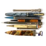 A VICTORIAN SILVER PENCIL, SILVER MOUNTED FAUX TORTOISESHELL PAGE MARK AND SEVERAL 1930'S AND