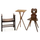 A SCANDINAVIAN CARVED OAK CHAIR DATED 1761 (SEAT SPLIT), AN OAK STOOL AND A BAMBOO TRIPOD TABLE
