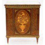A LOUIS XVI STYLE GILTMETAL MOUNTED AND MARQUETRY KINGWOOD SIDE CABINET WITH MARBLE TOP, 92CM H X