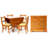 A YEW WOOD DROP LEAF DINING TABLE ON PEDESTAL, 178CM H, A SIDE CABINET, 91CM W AND A SET OF FOUR