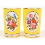 A PAIR OF SAMPSON HANCOCK YELLOW GROUND SPILL VASES, PAINTED WITH AN OVAL PANEL OF FLOWERS, 9.5CM H,