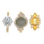 THREE GEM SET 18CT GOLD RINGS, COMPRISING A YELLOW SAPPHIRE AND DIAMOND RING, A BLACK CULTURED PEARL