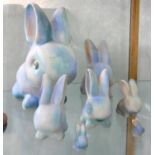 SEVEN DENBY PASTEL BLUE DANESBY WARE MODELS OF THE RABBITS MARMADUKE AND COTTONTAIL, 3.5 - 28CM H,