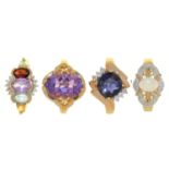 FOUR GEM SET 9CT GOLD RINGS, COMPRISING AN OPAL AND DIAMOND RING, AN AMETHYST RING, AN AMETHYST