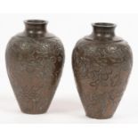 A PAIR OF JAPANESE MINIATURE BRONZE VASES, CARVED WITH BIRD, MOSS AND FOLIAGE, 8.5CM H, C1900