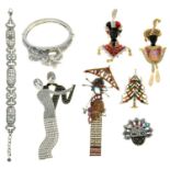 A QUANTITY OF BUTLER AND WILSON DIAMANTE JEWELLERY, COMPRISING TWO BRACELETS AND SIX BROOCHES