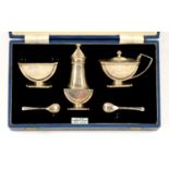 A GEORGE VI SILVER CONDIMENT SET, BY ERNEST W HAYWOOD, BIRMINGHAM 1947, CASED, 5OZS 7DWTS WEIGHABLE