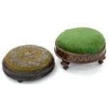 A VICTORIAN INLAID MAHOGANY FOOTSTOOL, 29CM D AND A VICTORIAN EBONISED MAHOGANY FOOTSTOOL WITH