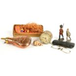 A VICTORIAN EMBOSSED COPPER POWDER FLASK, AN AMERICAN BRASS DRUM CASED DESK TIMEPIECE, ETC