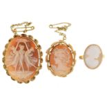 TWO 9CT GOLD CAMEO BROOCHES AND A CAMEO RING IN GOLD, SIZE P, 15.5G