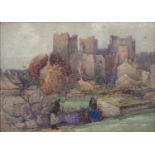 FRED LAWSON, A CASTLE WITH FAGGOT GATHERER TO FORE, SIGNED AND DATED 1910, WATERCOLOUR, 44 X 64CM
