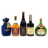 WINES AND SPIRITS, FIVE BOTTLES, INCLUDING PORT, FERREIRA 1977