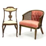 AN EDWARDIAN INLAID MAHOGANY SALON CHAIR AND A STAINED WOOD BERGERE, 64CM W, EARLY 20TH C
