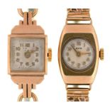 TWO 9CT GOLD LADY'S WRISTWATCHES, ON PLATED BRACELETS