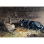 ALFRED WILLIAM STRUTT, HORSES RESTING IN A STABLE, SIGNED, WATERCOLOUR, 12 X 17CM