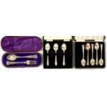 A VICTORIAN SILVER CHRISTENING SET, BY ROBERTS & BELK, LONDON 1874, CASED, A SET OF FIVE GEORGE VI