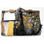 MISCELLANEOUS VINTAGE TEXTILES, TO INCLUDE TWO COLOURFUL OR METAL THREAD EMBROIDERED BLACK SILK