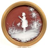 A 19TH C MARY GREGORY GLASS PLAQUE, PAINTED WITH A GIRL WITH BUTTERFLY AND NET, 12CM D, REDUCED IN