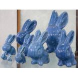 NINE DENBY BLUE DANESBY WARE MODELS OF THE RABBITS MARMADUKE AND COTTONTAIL, 3 - 27CM H, PRINTED