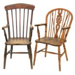 A VICTORIAN STAINED ASH ELBOW CHAIR AND ANOTHER, SIMILAR