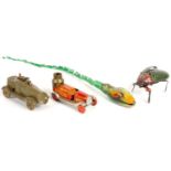 A LEHMANN CLOCKWORK TINPLATE FLY, 9CM L, C1930 AND THREE VARIOUS OTHER VINTAGE TINPLATE TOYS,