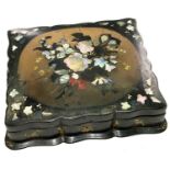 A VICTORIAN PAPIER MACHE JEWEL BOX, INLAID IN MOTHER OF PEARL AND PAINTED WITH FLOWERS, FITTED