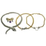 FOUR PIECES OF BUTLER & WILSON DIAMANTE JEWELLERY, COMPRISING A SNAKE COLLAR, A LEOPARD NECKLACE,