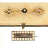 AN EARLY 19TH C SPLIT PEARL SET BROOCH IN GOLD, 6G AND A BLACK ENAMEL AND SPLIT PEARL BROOCH IN GOLD