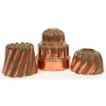 THREE COPPER JELLY MOULDS, LARGEST 18CM H, C1900