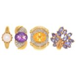 FOUR GEM SET 9CT GOLD RINGS, COMPRISING A TANZANITE RING, A CULTURED PEARL RING, A CITRINE AND