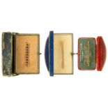 FOUR GOLD BAR BROOCHES IN 9CT, MARKED 9CT OR 9C, ONE SET WITH TURQUOISE AND SEED PEARLS, 7G