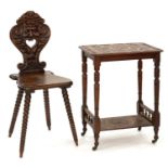 A VICTORIAN CARVED MAHOGANY SIDE TABLE ON TURNED LEGS AND POTTERY CASTORS, 72CM H AND A 19TH C
