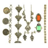 A QUANTITY OF MARCASITE AND OTHER SILVER JEWELLERY, COMPRISING BRACELETS, EARRINGS, RINGS AND A