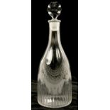 AN ENGLISH FLUTE CUT GLASS DECANTER AND TARGET STOPPER, WHEEL CUT WITH FESTOONS AND PENDANTS, 28.5CM