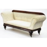 A VICTORIAN MAHOGANY SOFA ON BRASS CASTORS, 230CM W