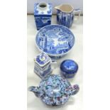A MALING TEAPOT AND COVER AND TEA CADDY MADE FOR RINGTONS LIMITED, BLUE AND WHITE OR BLUE AND