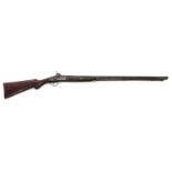 A 14 BORE MUZZLE LOADING PERCUSSION GUN, WITH BRASS TIPPED WALNUT STOCK AND STEEL TRIGGER GUARD,