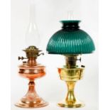 TWO EDWARDIAN BRASS OIL LAMPS, ONE WITH CASED GLASS SHADE, 45CM H EXCLUDING CHIMNEY