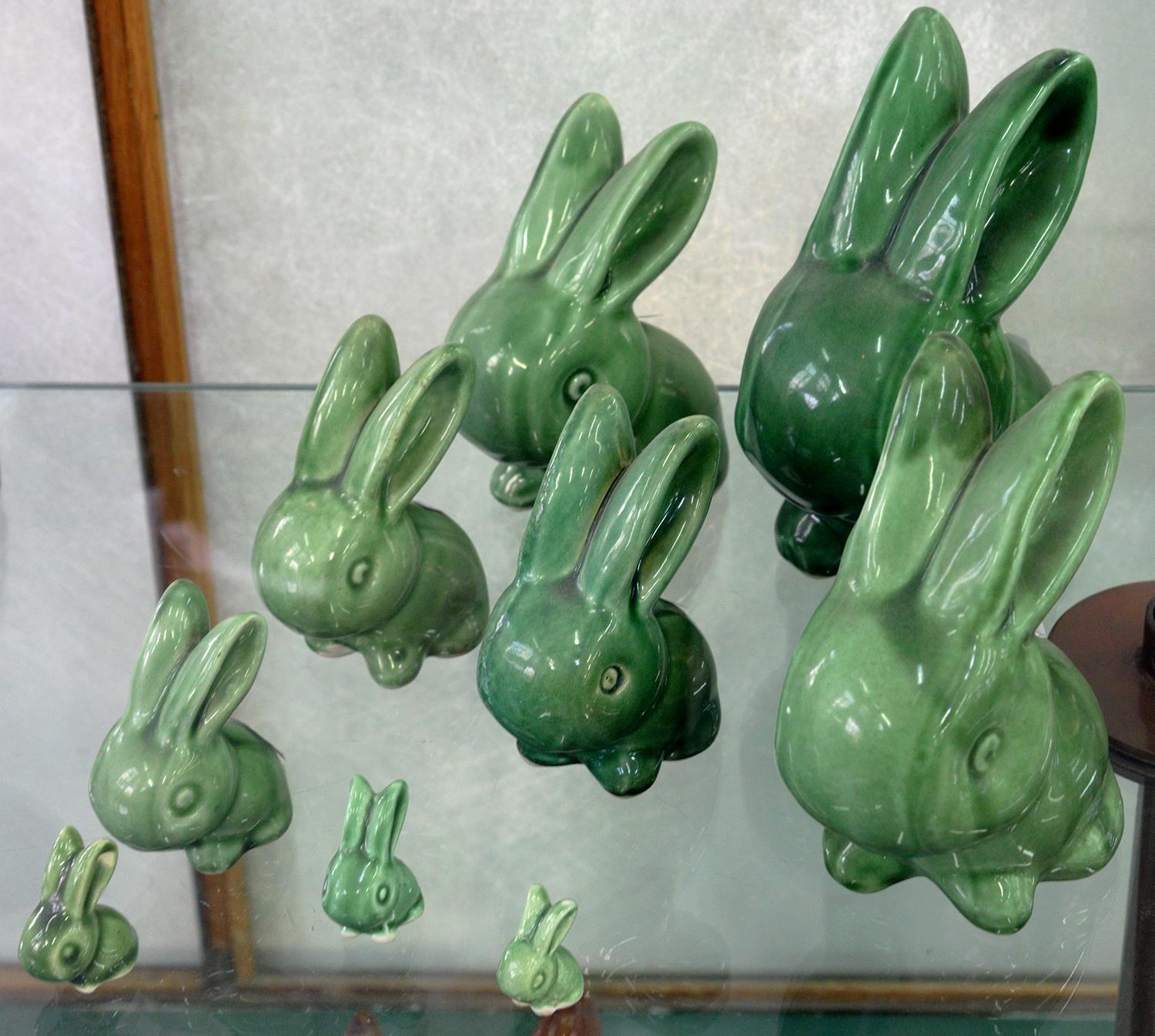 NINE DENBY MEADOW GREEN DANESBY WARE MODELS OF THE RABBITS MARMADUKE AND COTTONTAIL, 3 - 20.5CM H,