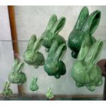 NINE DENBY MEADOW GREEN DANESBY WARE MODELS OF THE RABBITS MARMADUKE AND COTTONTAIL, 3 - 20.5CM H,