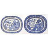 A MID 19TH C STAFFORDSHIRE BLUE PRINTED EARTHENWARE WILLOW PATTERN MEAT DISH AND A RIDGWAYS